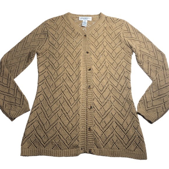 Beautiful Tan Crocheted Button Up Sweater by Jones & Co. - Picture 1 of 10